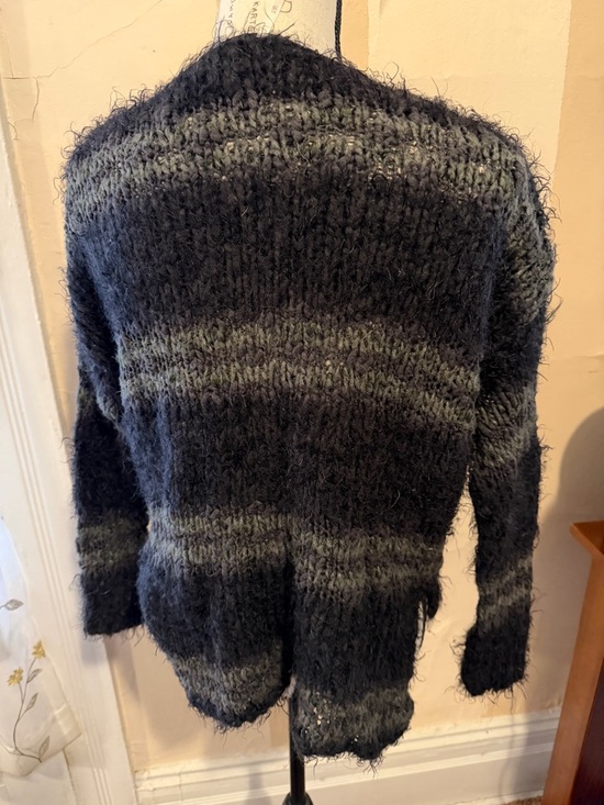 Free People Black and Gray Fuzzy V-Neck Striped Sweater - Picture 2 of 3